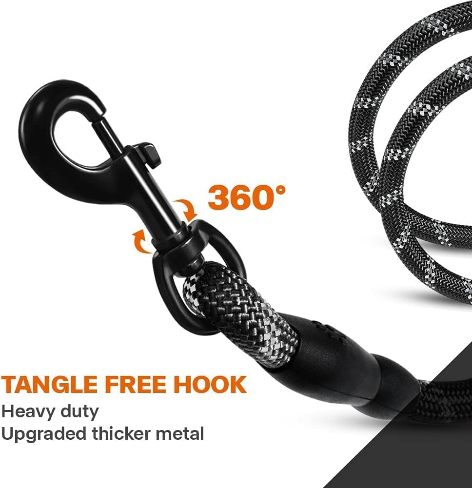 Taglory Rope Dog Leash 6 FT with Comfortable Padded Handle, Highly Reflective Threads Leash and Anti-Tangle Clip for Walking Medium Large Dogs, 1/2 inch, Black