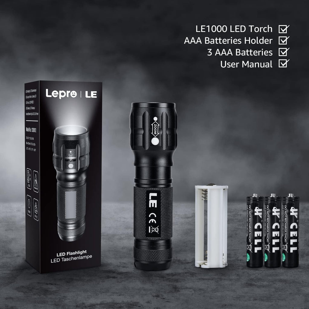 Lighting EVER LED Flashlights High Lumens, Small Flashlight, Waterproof, Adjustable Focus Flash Light for Outdoor, Emergency, AAA Batteries Included, Tactical & Camping Accessories