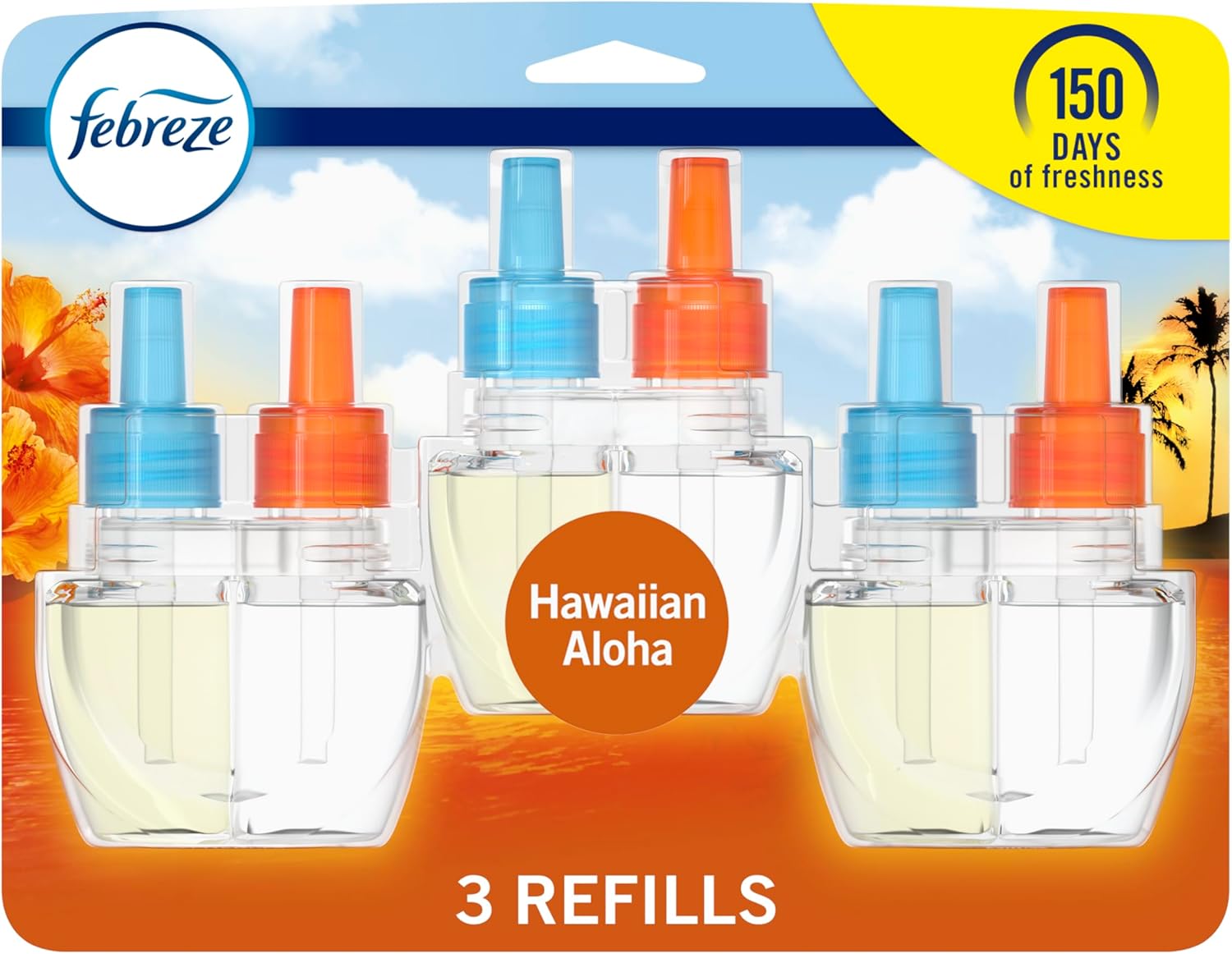 Febreze Plug In Air Freshener, Odor-Fighting Scented Oil Refill, Air Fresheners for Home and Bathroom and Kitchen, Long Lasting for Strong Odors, Hawaiian Aloha Scent, 0.87oz Refills, 3 Count