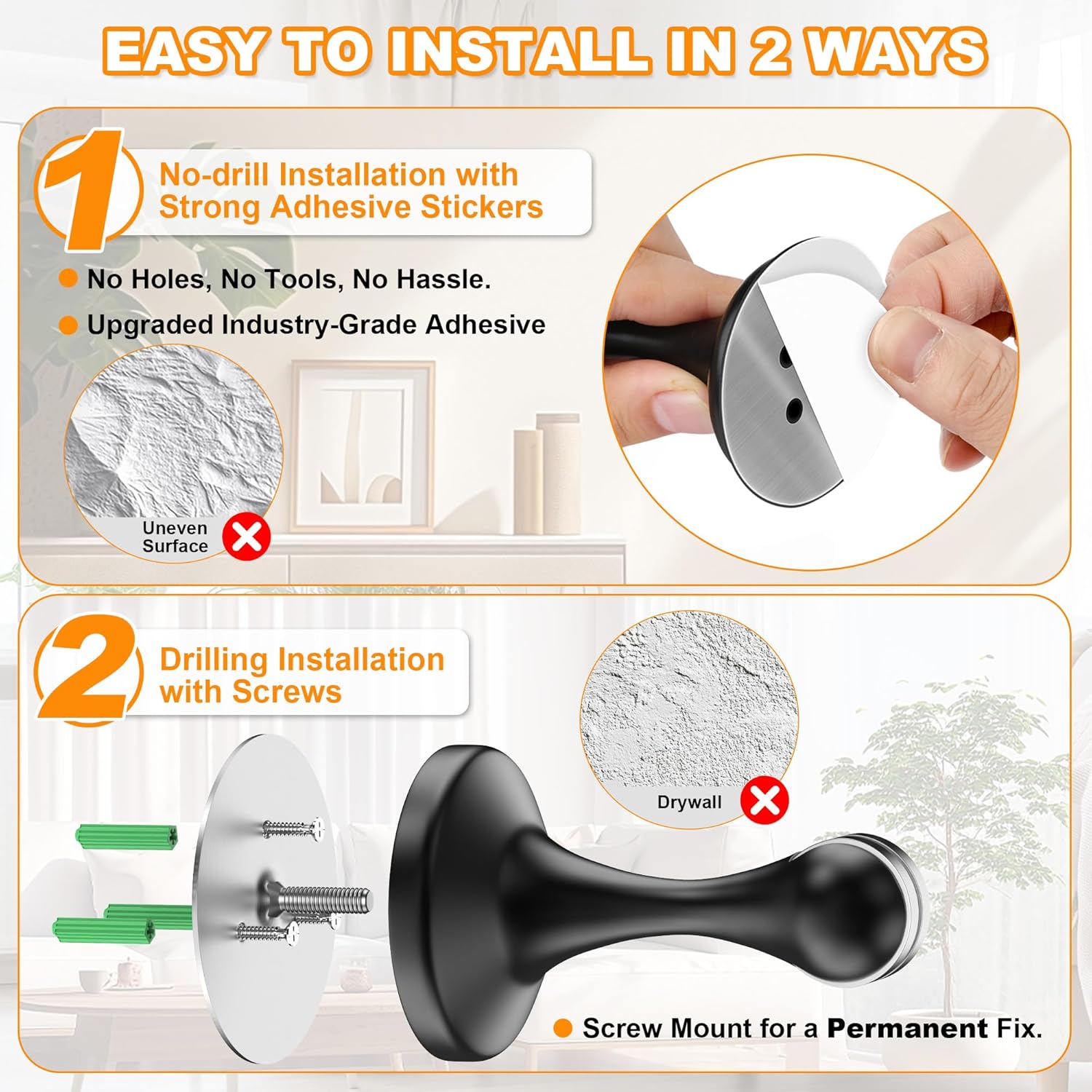 Crosize Magnetic Door Stoppers 2 Pack, Stainless Steel Door Stops, Wall-Mounted and Floor Mounting Metal Doorstops, Door Holder Keep Door Open, No Drilling Door Stop with Adhesive Tapes, Black