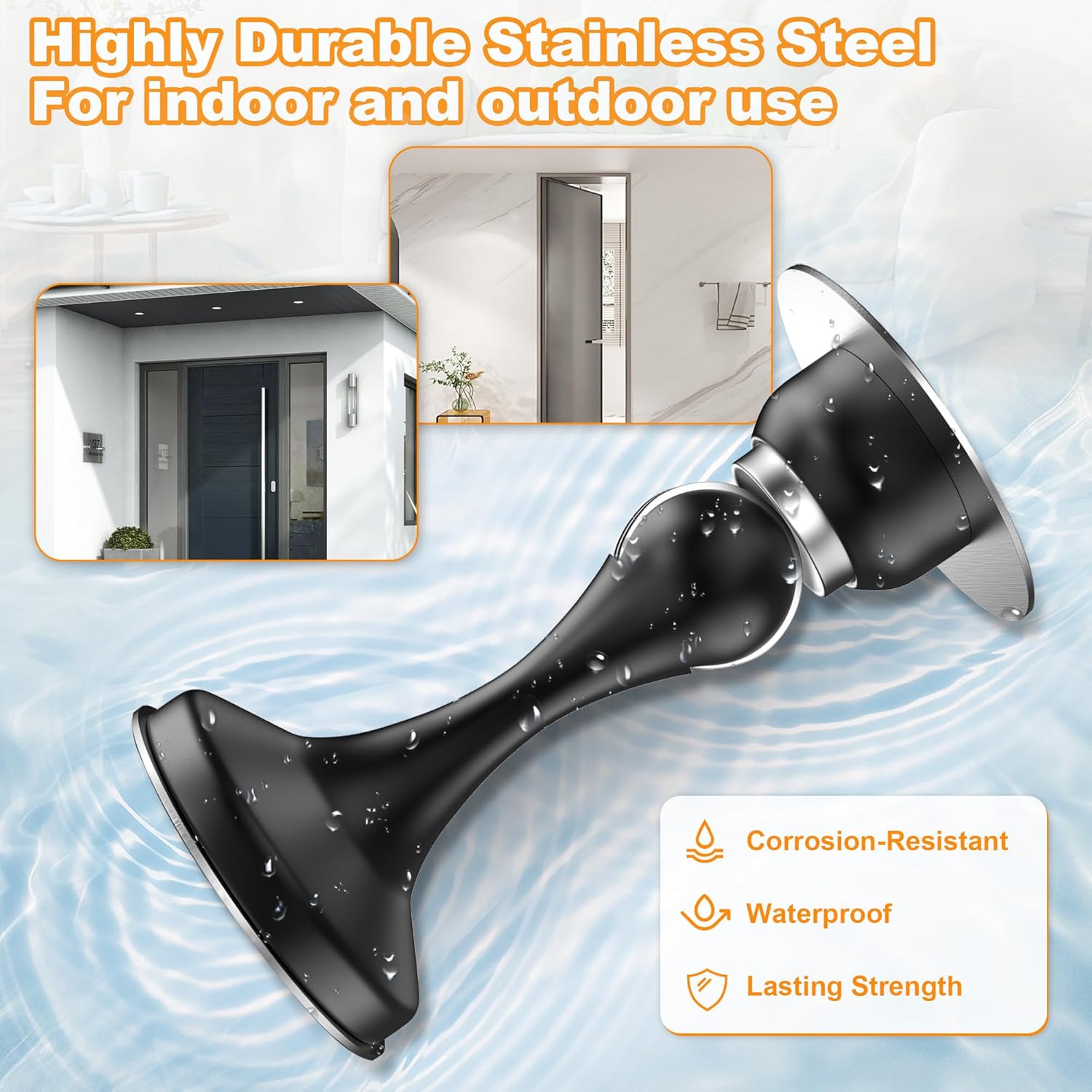 Crosize Magnetic Door Stoppers 2 Pack, Stainless Steel Door Stops, Wall-Mounted and Floor Mounting Metal Doorstops, Door Holder Keep Door Open, No Drilling Door Stop with Adhesive Tapes, Black